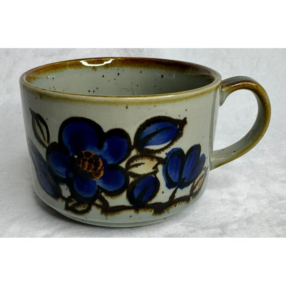 Vintage Handpainted Stoneware Mug With Blue Floral Design Speckled Finish Japan